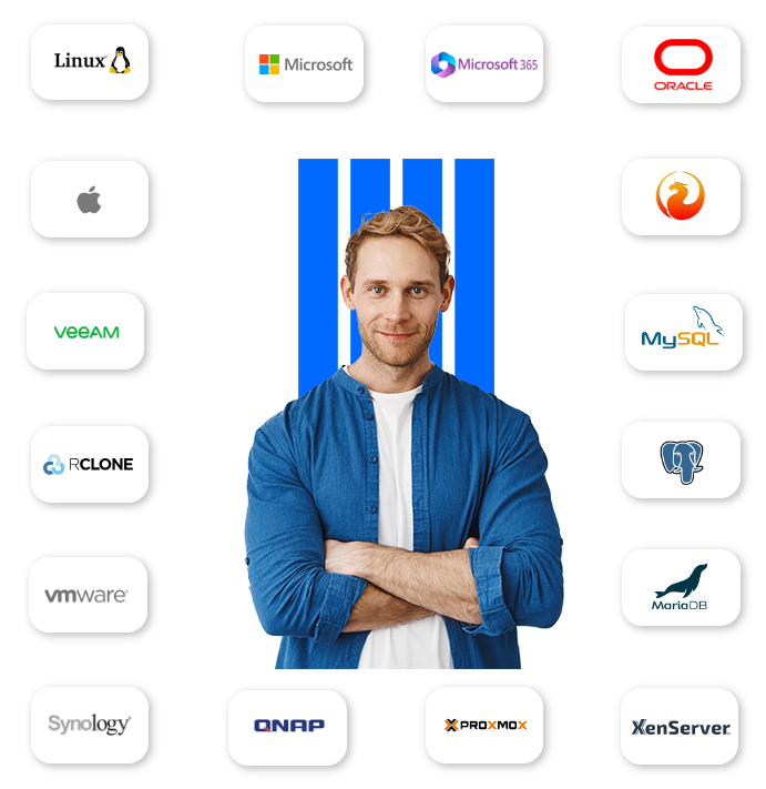 Aplicativos e sistemas compatíveis: Linux, Microsoft, Microsoft 365, Oracle, Apple, Veeam, MySQL, RClone, Firebird, PostgreSQL, VMware, MariaDB, Synology, QNAP, Proxmox, XenServer